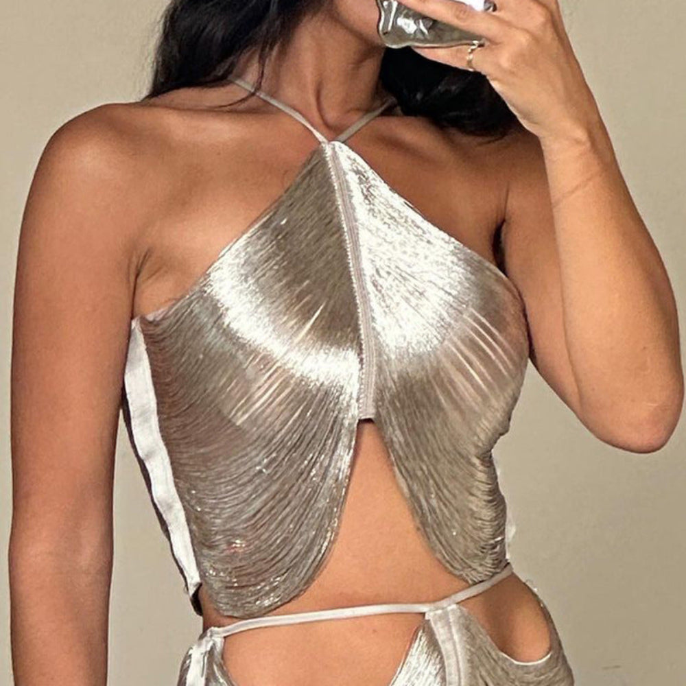 Silver Metallic One-Shoulder Crop Top - Shiny Silver Draped Leaf Design Halter Crop Top for Women
