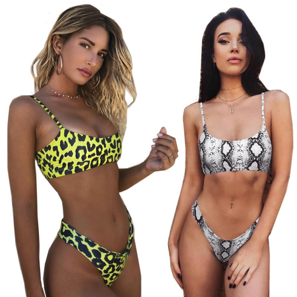 Two women wearing leopard print and snake skin patterned bikinis on a white background