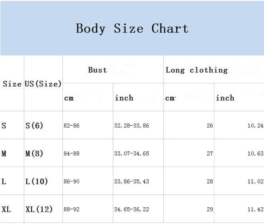 Body size chart for clothing measurements in centimeters and inches.