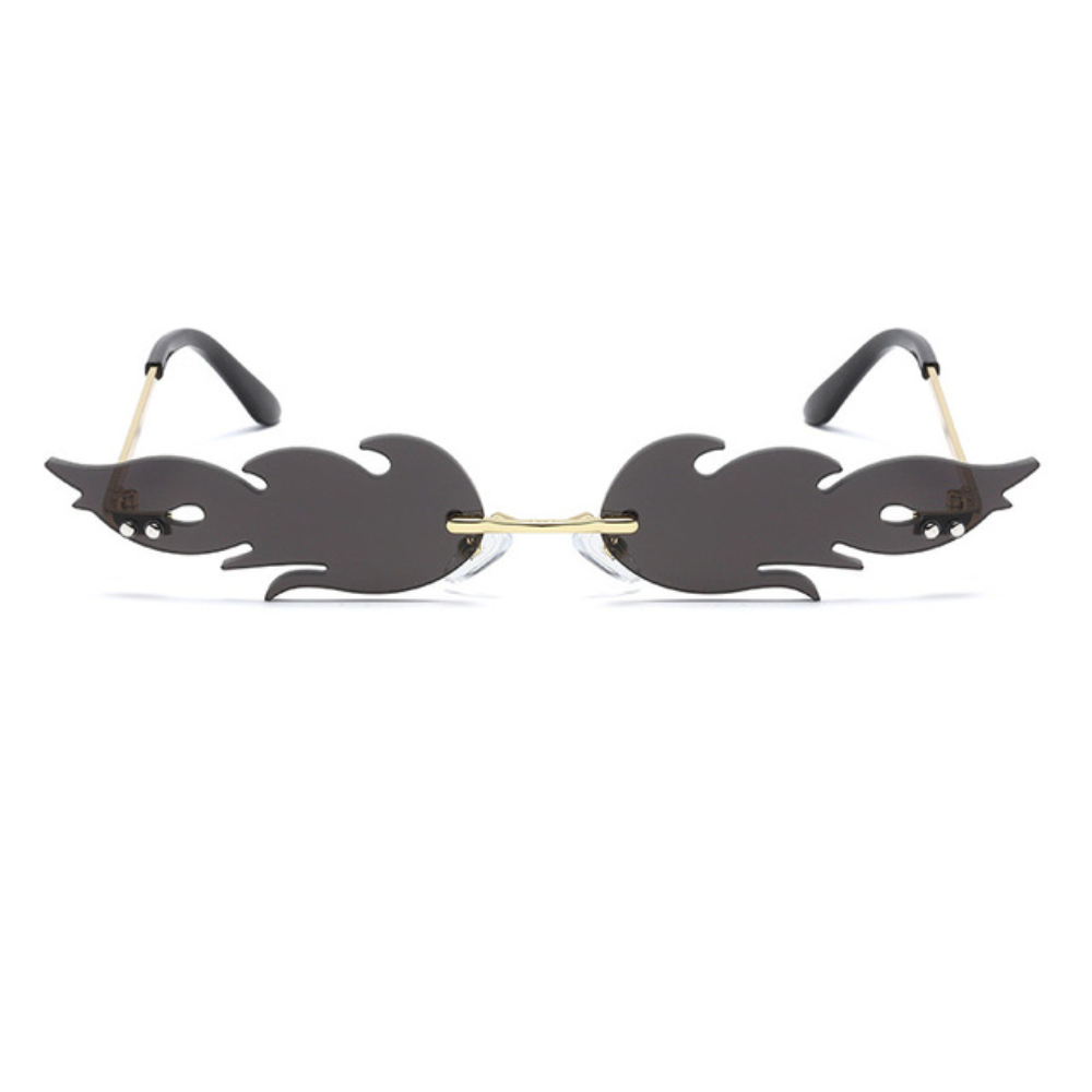 Rimless flame-shaped sunglasses with dark lenses and gold bridge, front product photo on a white background.