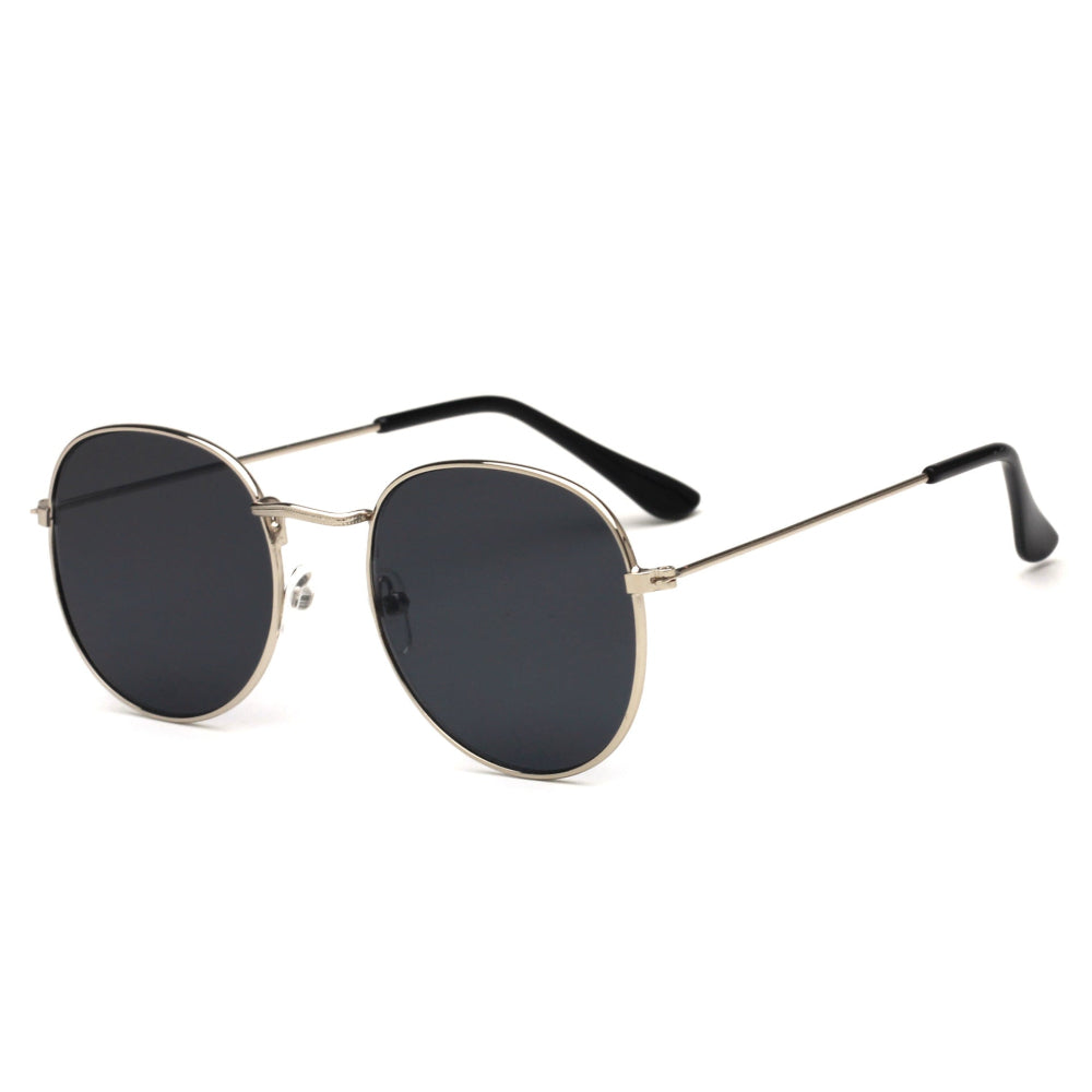 Stylish silver metal round sunglasses featuring dark smoke tinted lenses and sleek black temple arm