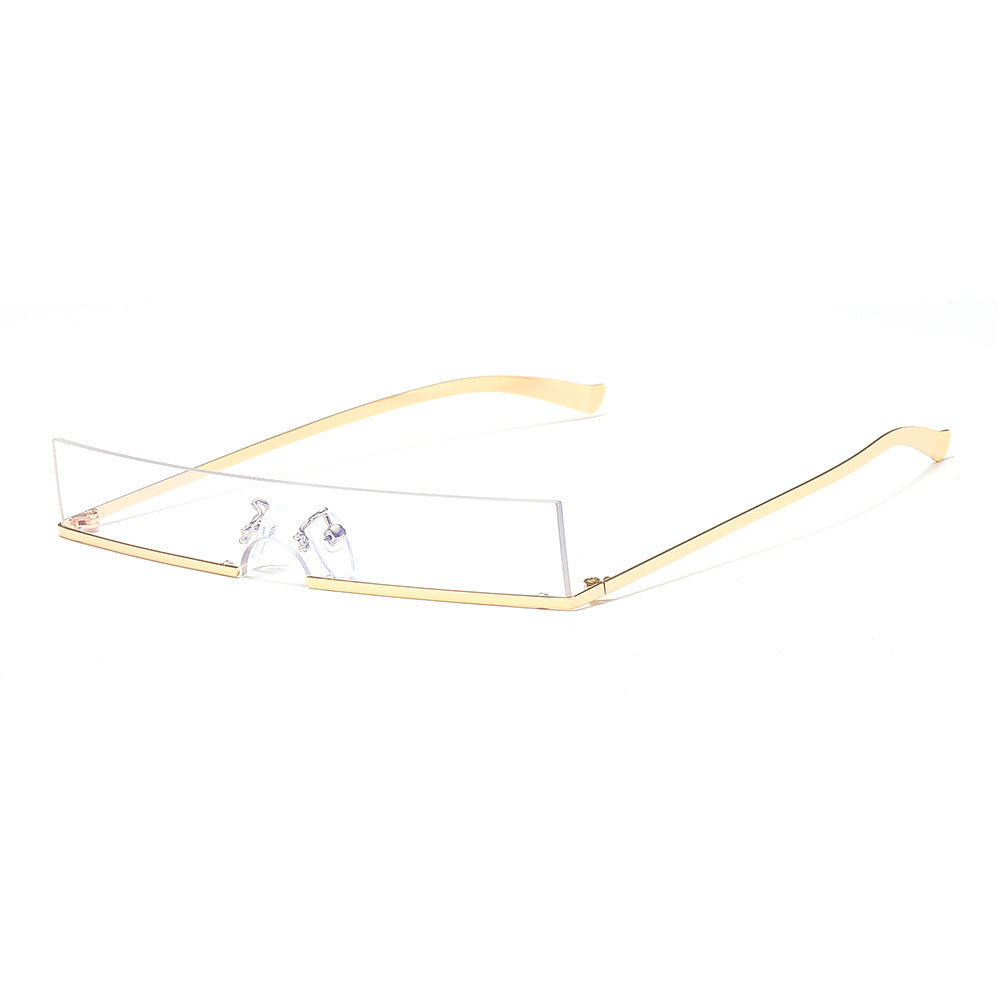 Rimless rectangular sunglasses with clear lenses and gold temples, product photo on a white background.