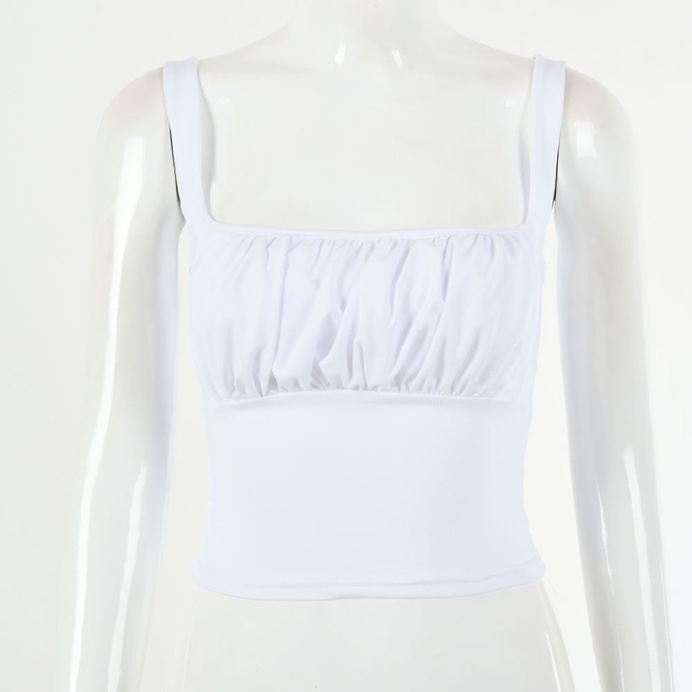 White Ruched Crop Top - Square Neck Spaghetti Strap Sleeveless Fitted Crop Top for Women