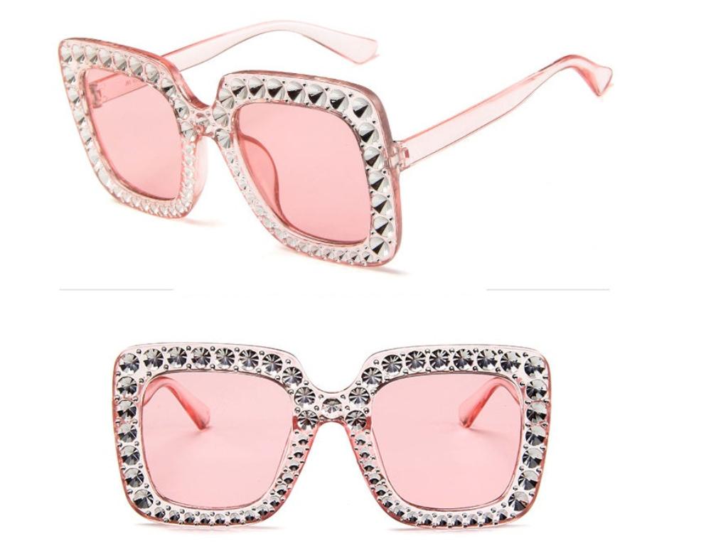 Pink oversized square sunglasses with pink lenses and crystal-studded frames, product photos on a white background.