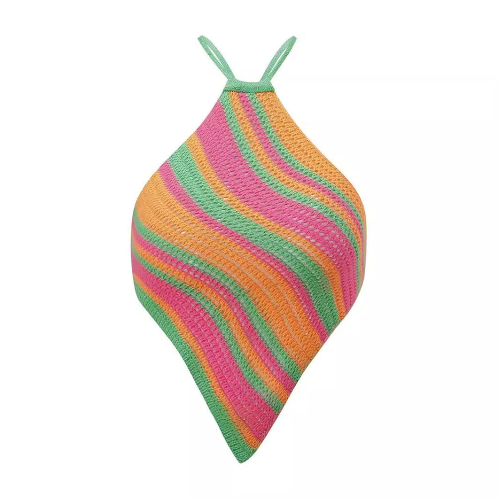 Multicolor striped ribbed knit halter top with green straps on white background.