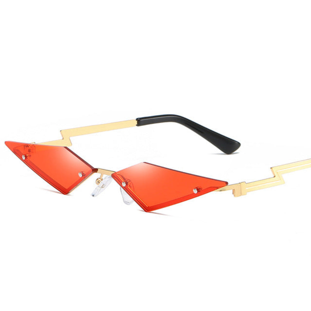 Rimless triangle sunglasses with orange-red lenses and gold lightning-bolt temples, product photo on a white background.