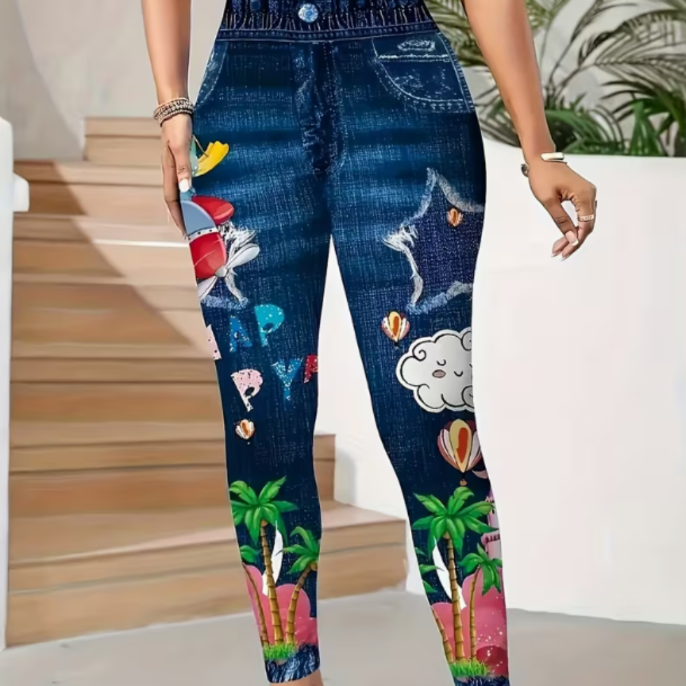 Model wearing high-waisted blue denim jeans decorated with vibrant tropical and beach-themed prints on the legs. Full-body view highlighting the fitted silhouette and playful artwork, in a bright indoor space with stairs and plants in the background.