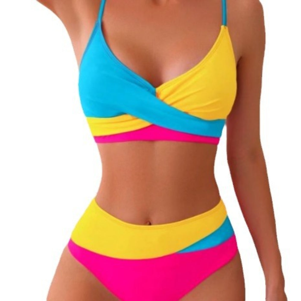 Colorblock bikini set in pink, yellow and blue with twist front top and high-waisted bottom.