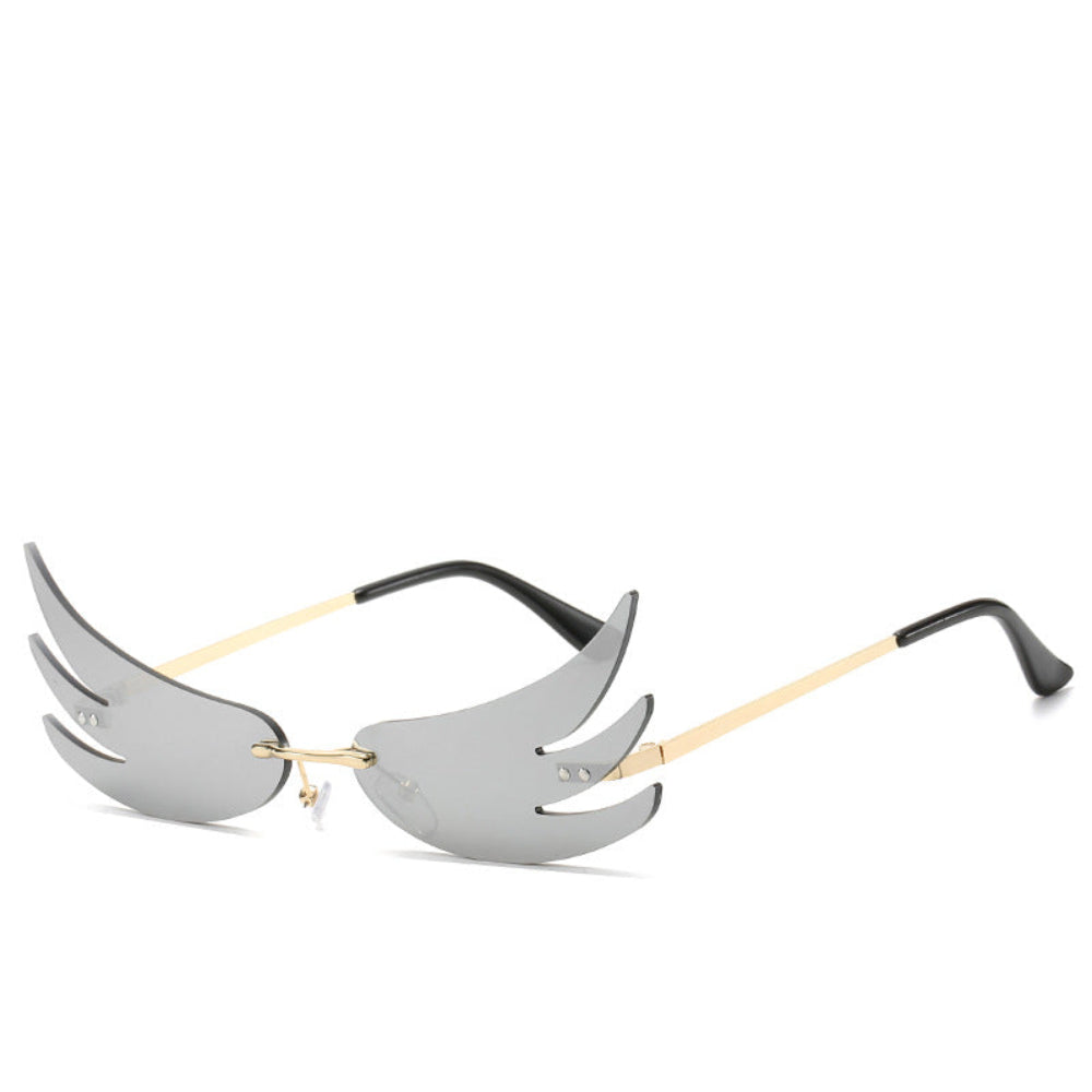 Rimless silver-mirror wing-shaped sunglasses with gold temples, product photo on a white background.