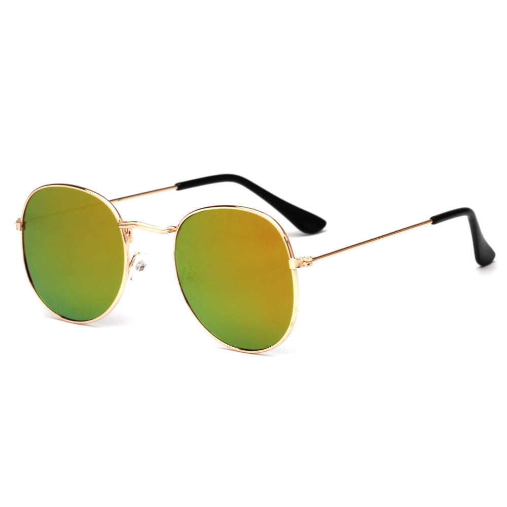 Stylish gold metal round sunglasses featuring vibrant green-to-gold mirrored reflective lenses and sleek black temple arms