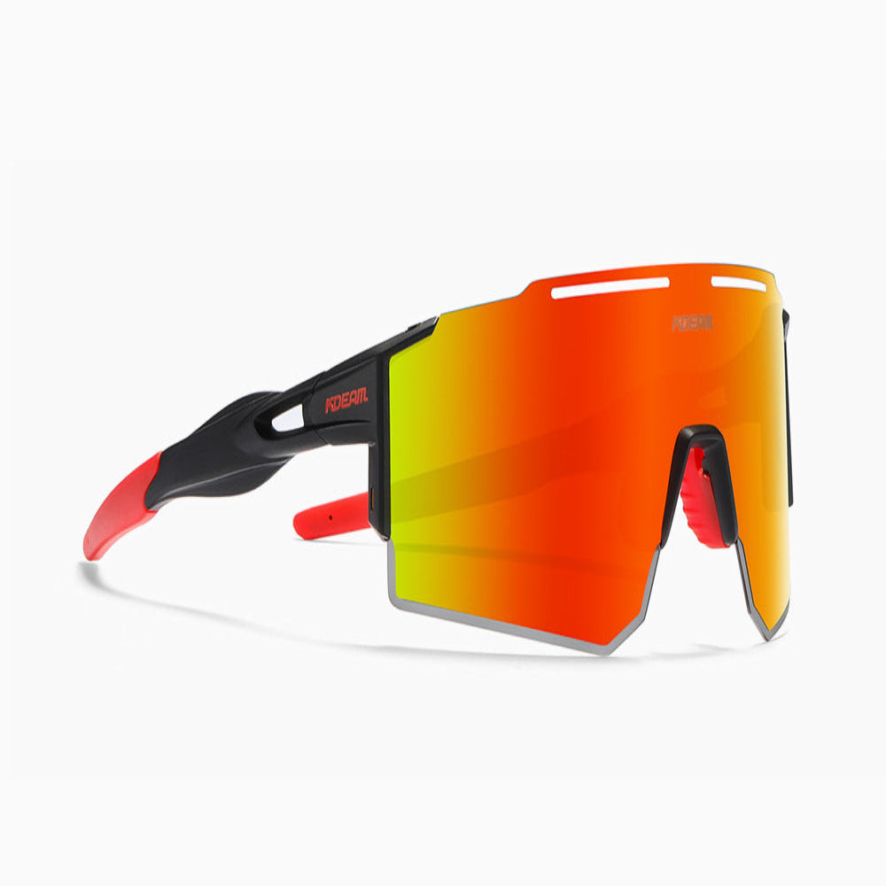 Sunglasses with red and orange reflective lenses on a white background