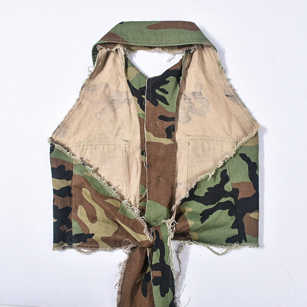 Camouflage Halter Crop Top - Green Military Print Frayed Edge Tie Front Distressed Vest for Women