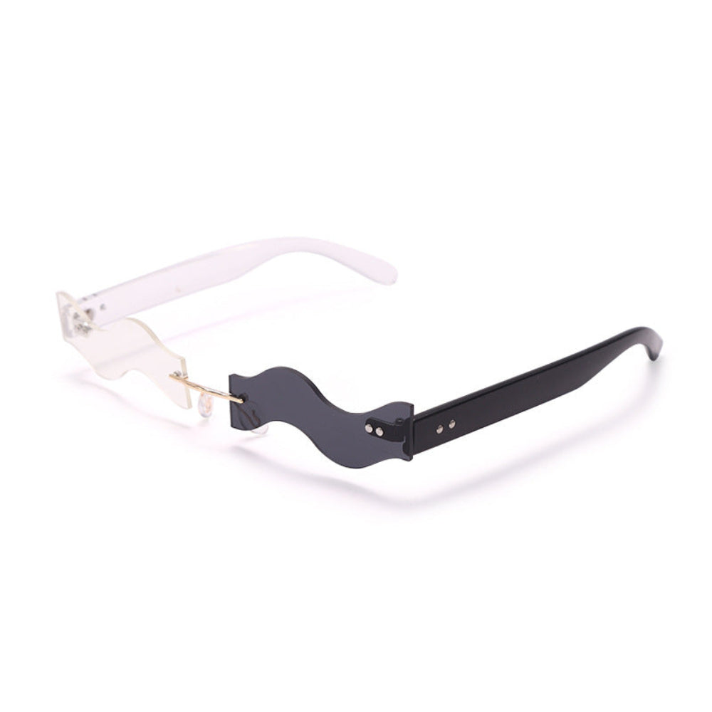 Two pairs of rimless wavy sunglasses in clear and black with dark lenses, product photo on a white background.