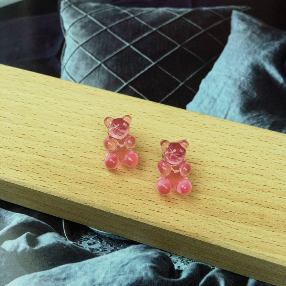 Bright pink translucent gummy bear stud earrings, cute jelly candy bear design with earring posts