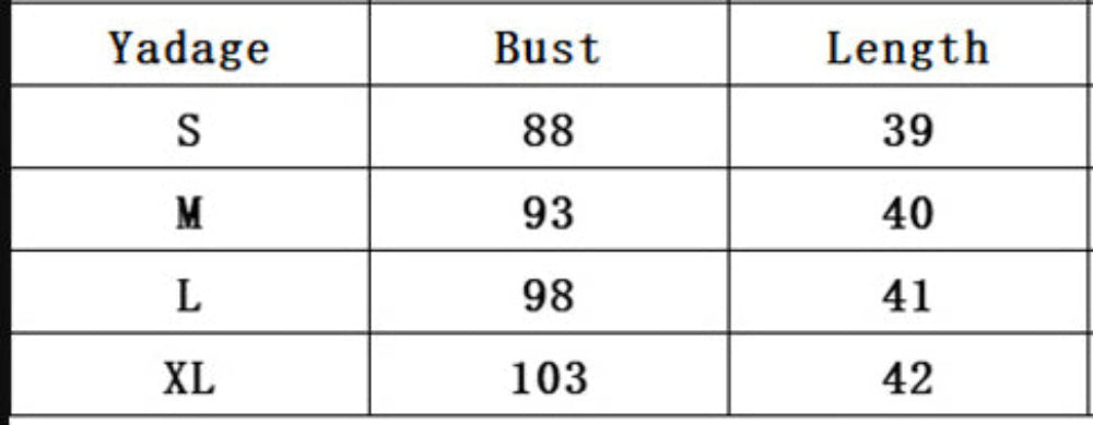 Table showing Yadage product sizes with bust and length measurements.