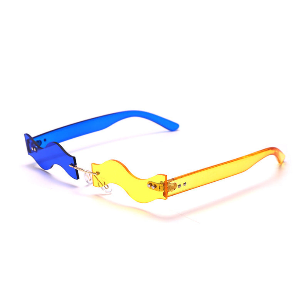 Rimless wavy sunglasses with one blue lens and one yellow lens, product photo on a white background.