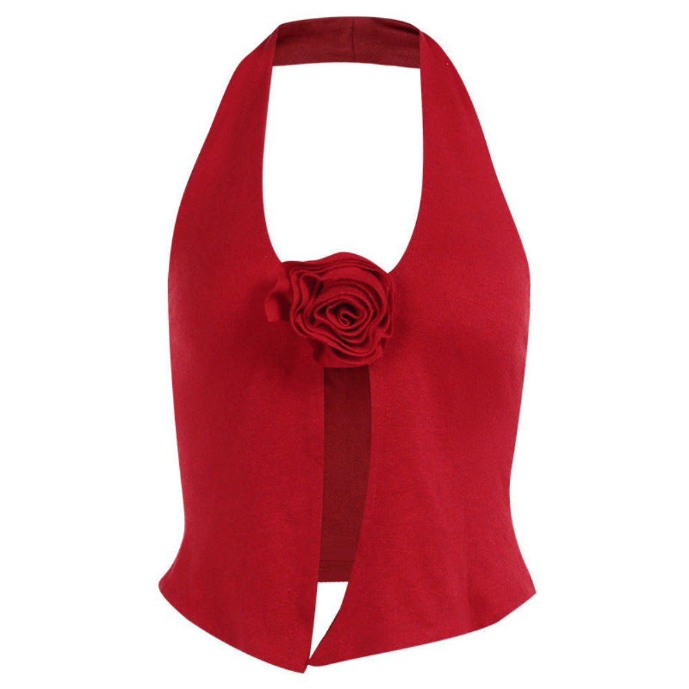 Red Halter Crop Top with Rose Flower - Deep V-Neck Rosette Knit Crop Top for Women