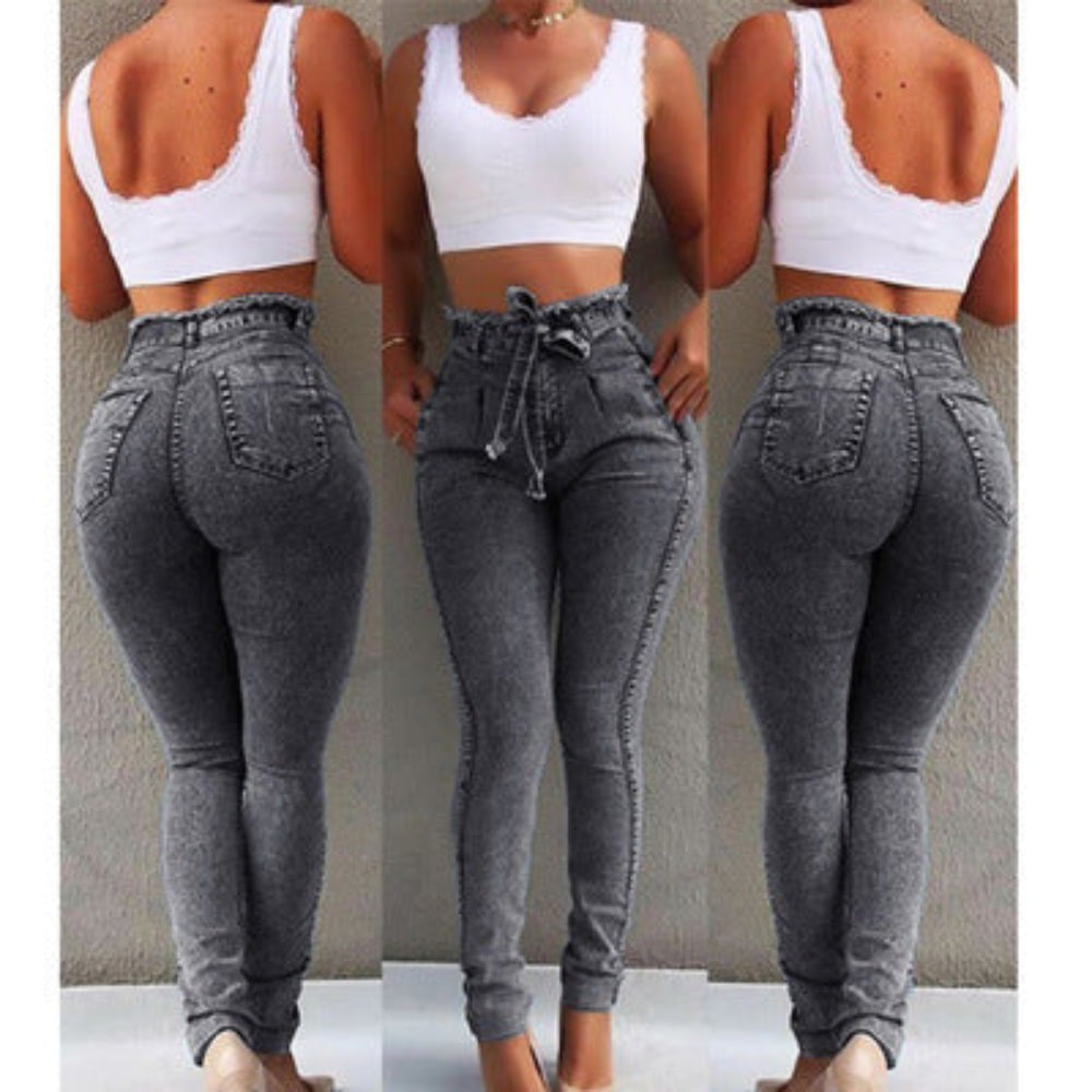 Three-panel collage of woman modeling grey high-waisted skinny jeans and a white crop top, showcasing front, side, and back views. Trendy casual denim fashion photography for Boutique Jolie.