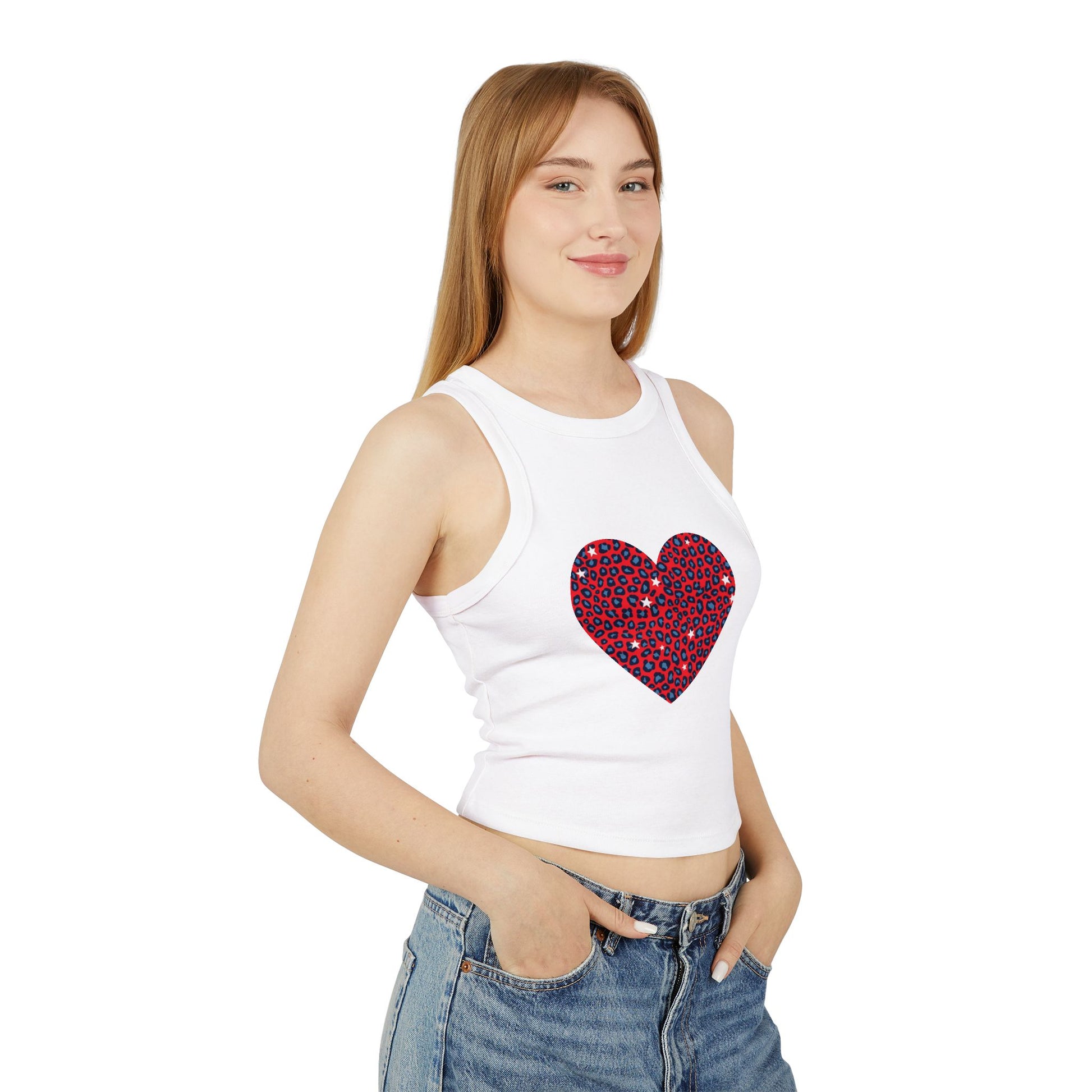 4th of July Red Heart Cheetah Print Women's Micro Rib Racer Tank Top