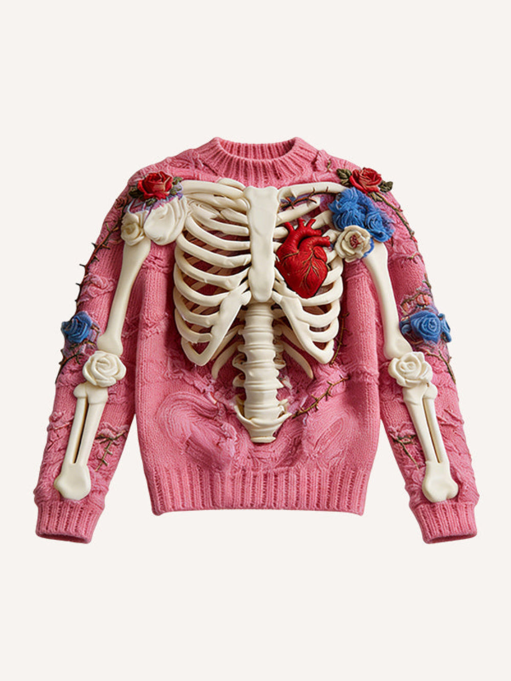 Pink knit sweater with a 3D ribcage, red heart, roses, and thorn embroidery, product photo on a cream background.