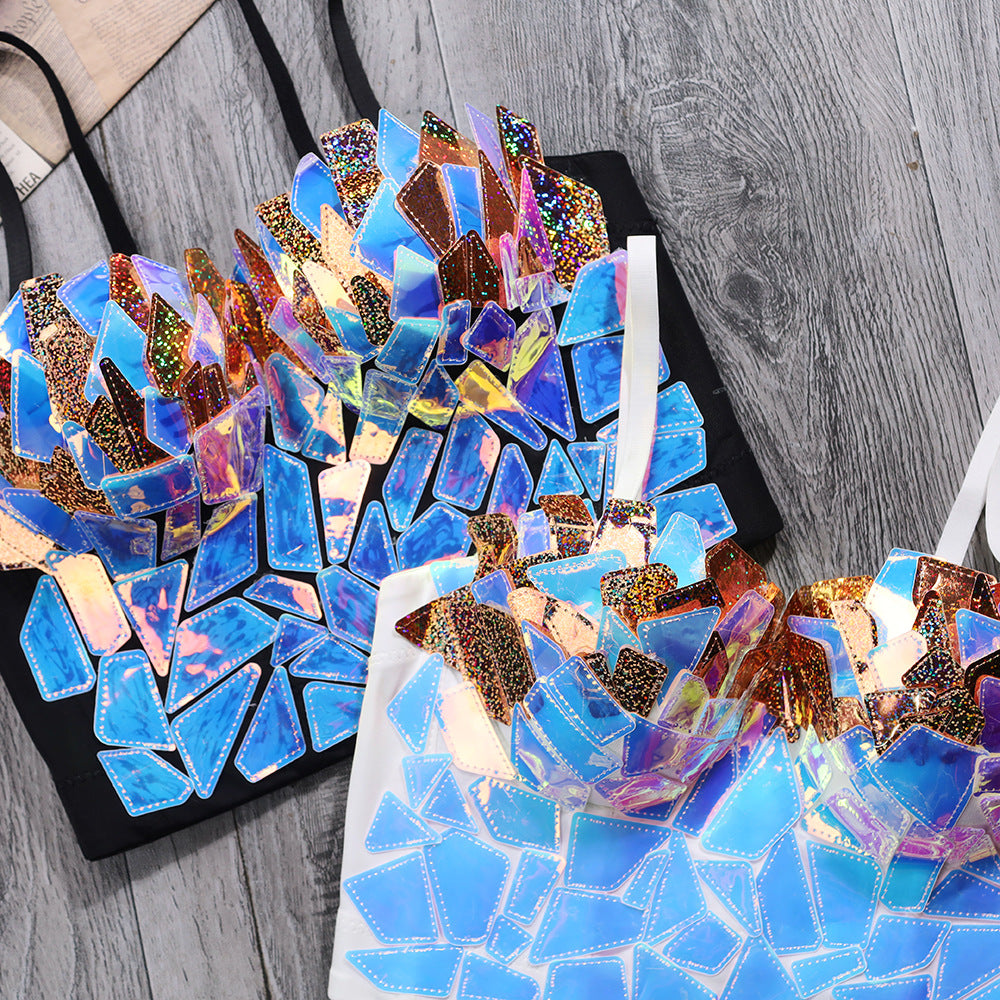 Black and white tote bags featuring bold 3D iridescent holographic shattered mirror mosaic designs with reflective blue, purple, pink, and gold fragments. Stylish statement accessories displayed on a wooden surface.