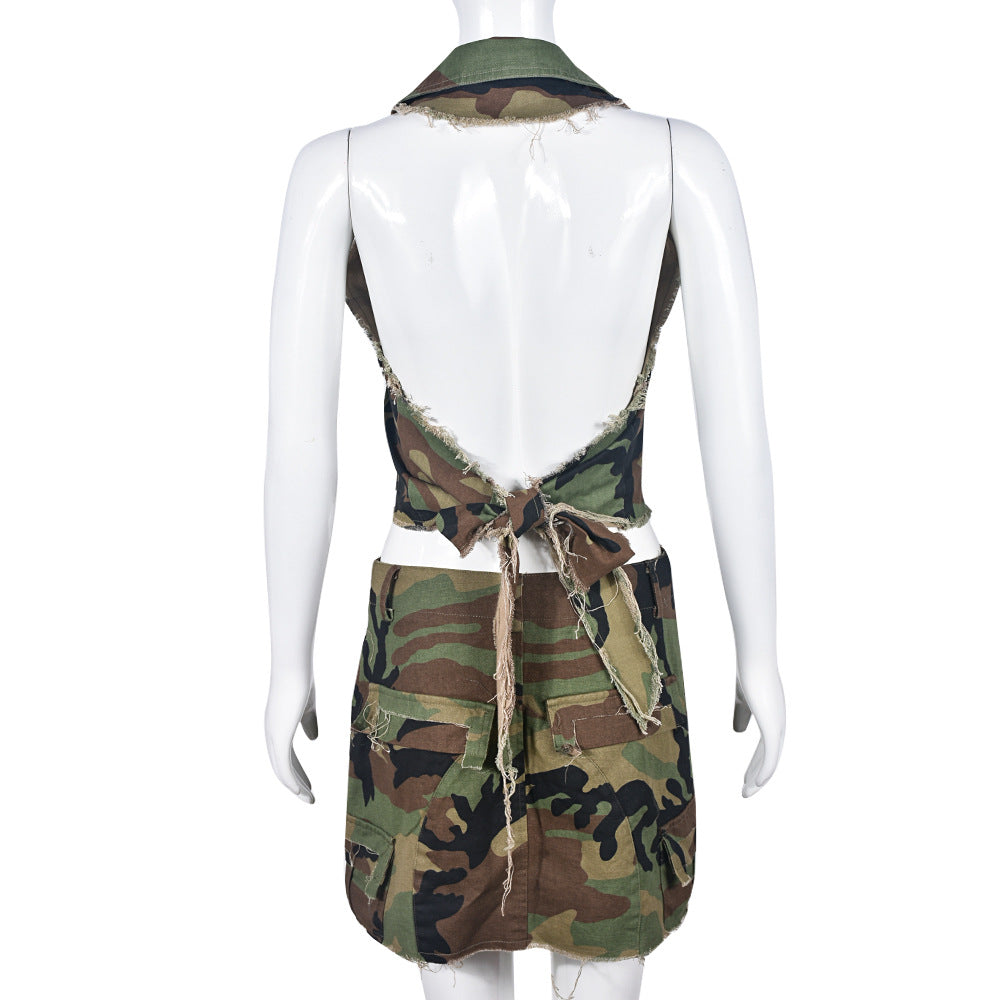 Camouflage Halter Crop Top - Green Military Print Open Back Tie Closure Frayed Distressed Vest for Women