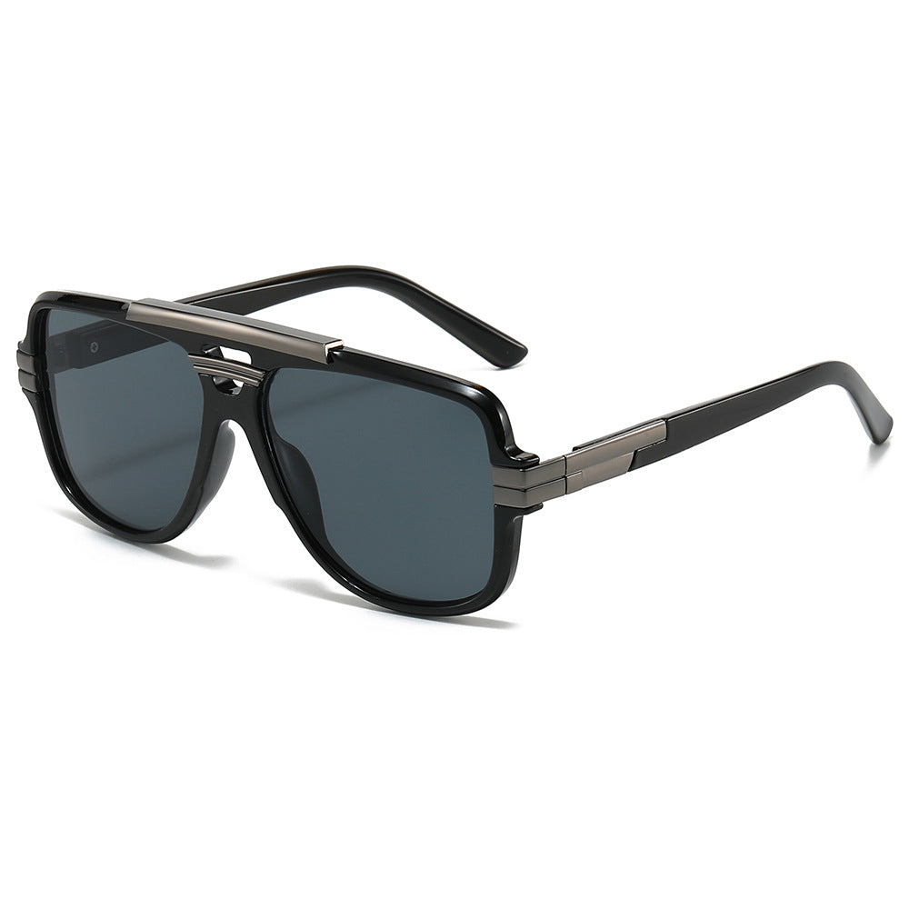 Black square retro sunglasses with metal brow bar and dark gray lenses, product photo on a white background.