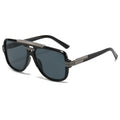Black square retro sunglasses with metal brow bar and dark gray lenses, product photo on a white background.