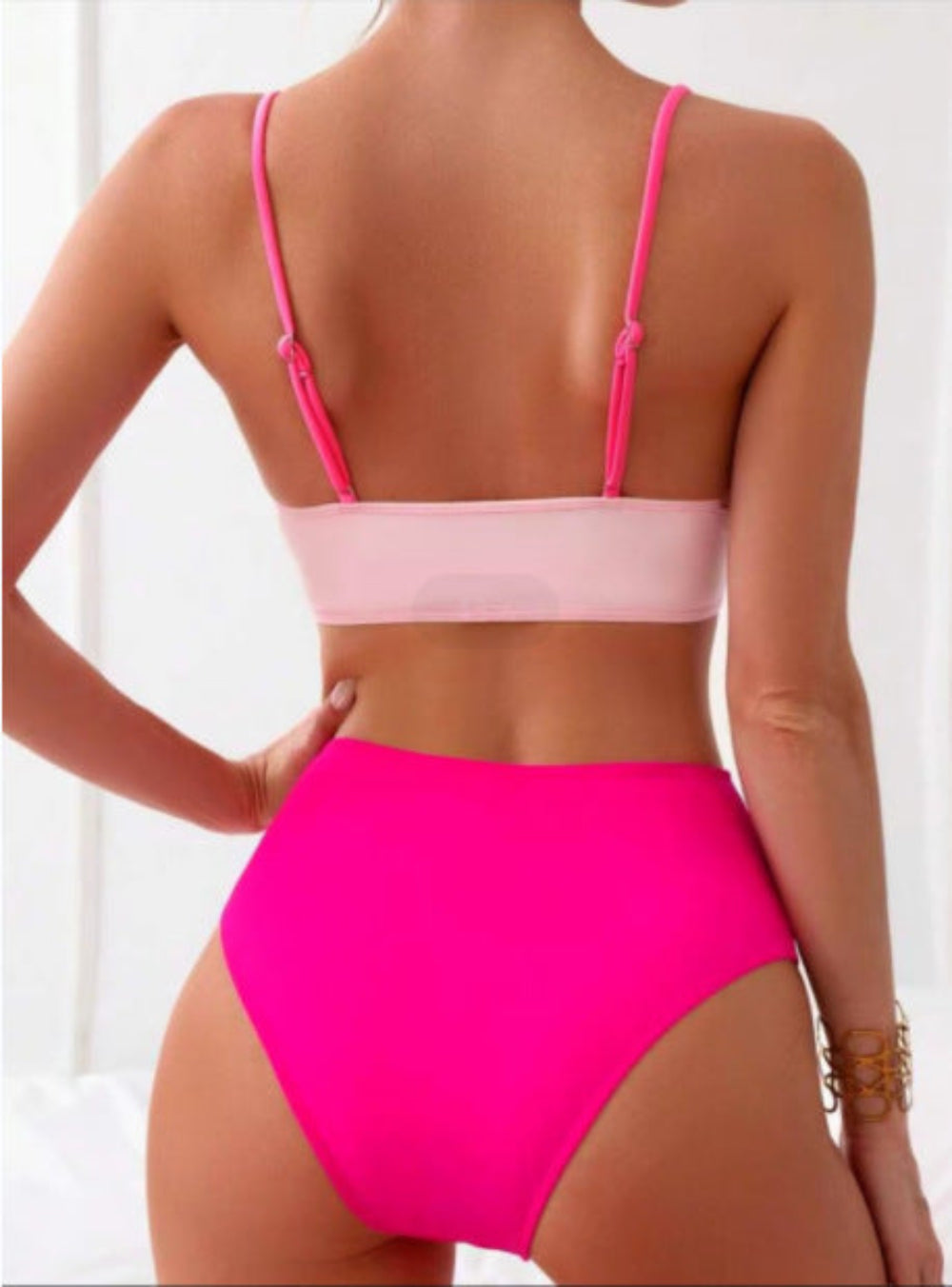 Women's Pink High-Waisted Bikini - Back View of Bright Pink Bottoms with Light Pink Bandeau Top and Adjustable Straps