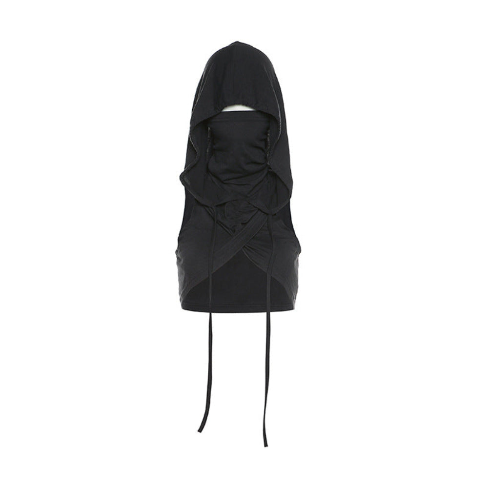 Front view of a black hooded crop top on a mannequin featuring a balaclava-style hood with face opening, dramatic draped and twisted fabric construction at the chest, and long adjustable ties hanging down the front.