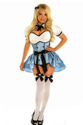 Woman wearing a blue-and-white Alice-style Halloween costume with puff sleeves, black bow, ruffled mini skirt, white thigh-highs, and black heels.