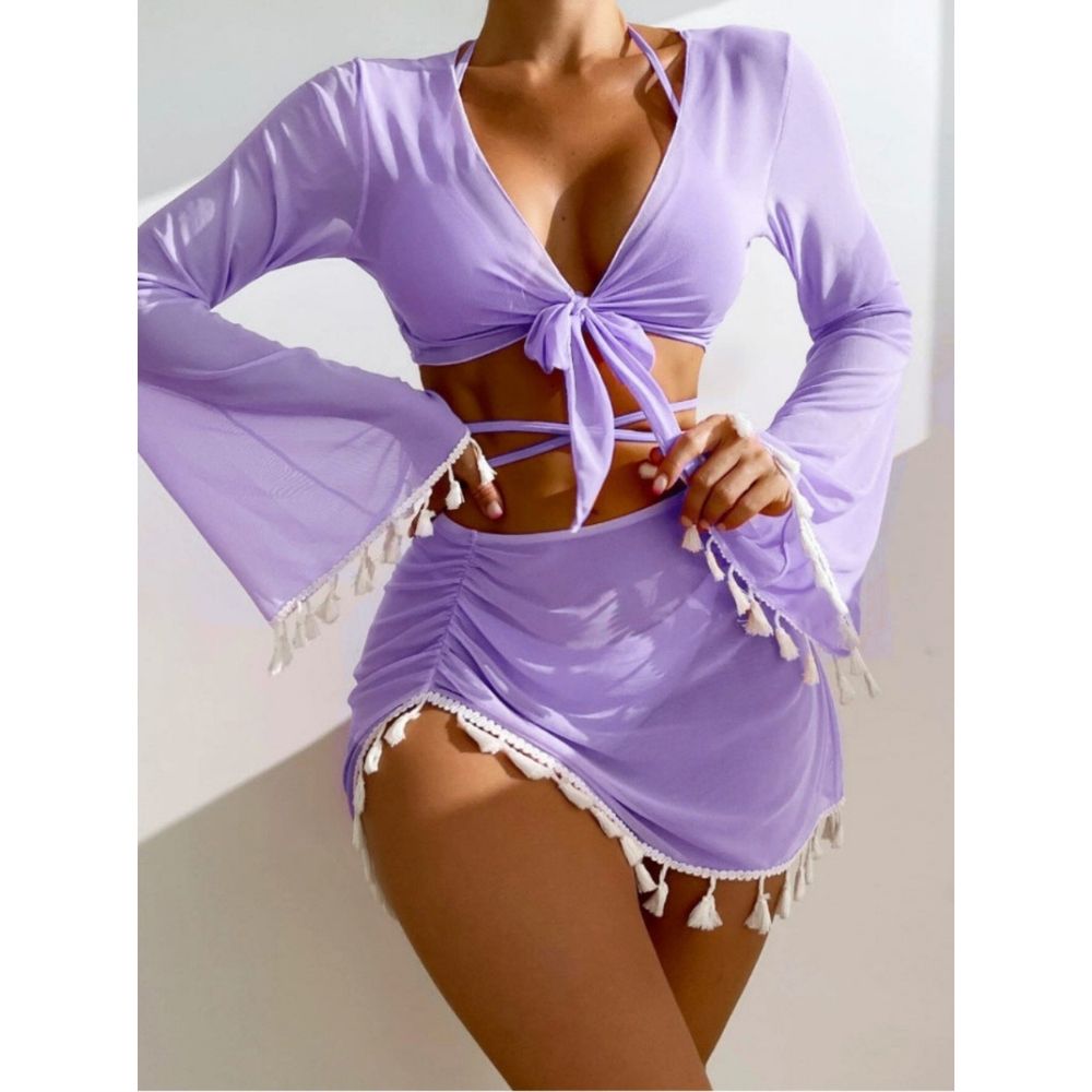 Lavender long sleeve tie-front crop top and ruched tassel mini skirt matching beach set.