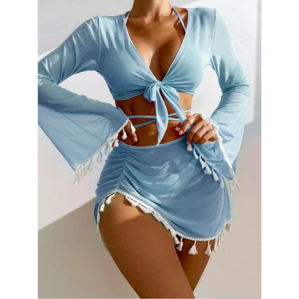 Light blue long sleeve tie-front crop top and ruched tassel mini skirt matching beach set.