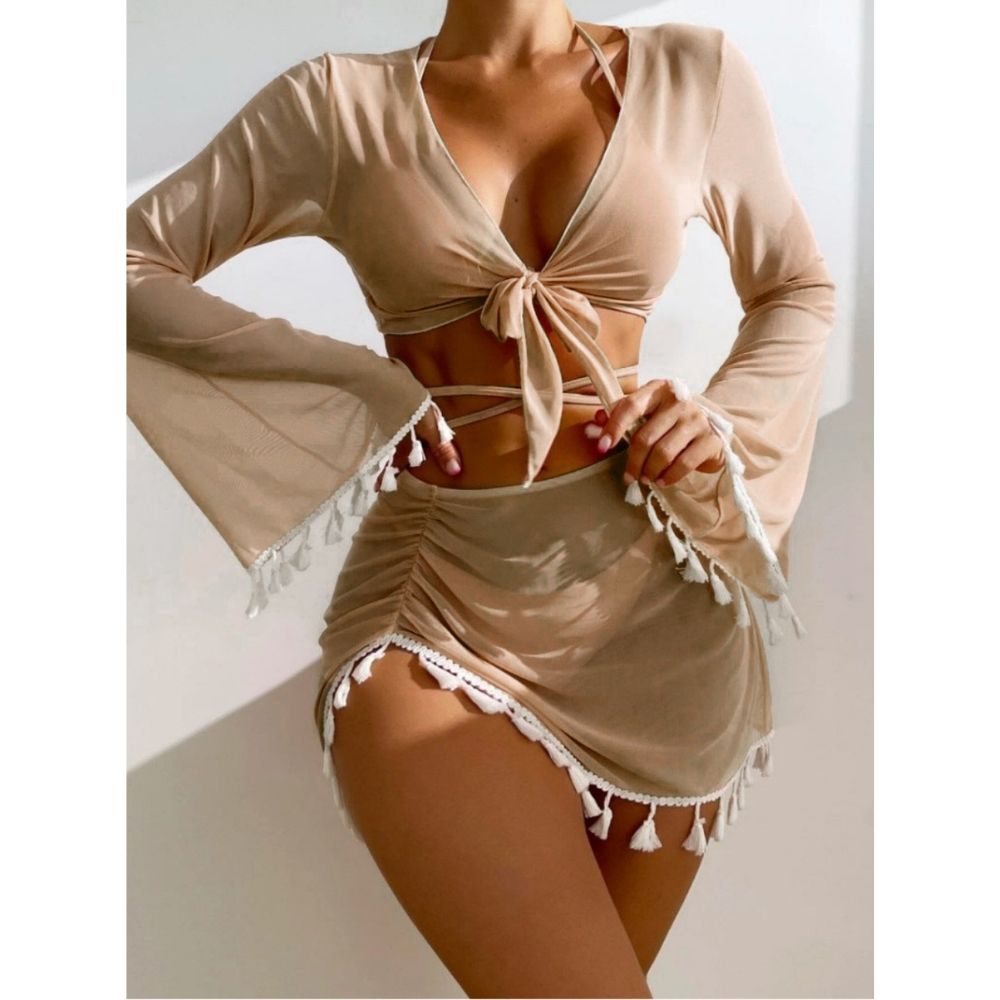 Beige long sleeve tie-front crop top and ruched tassel mini skirt matching beach set.