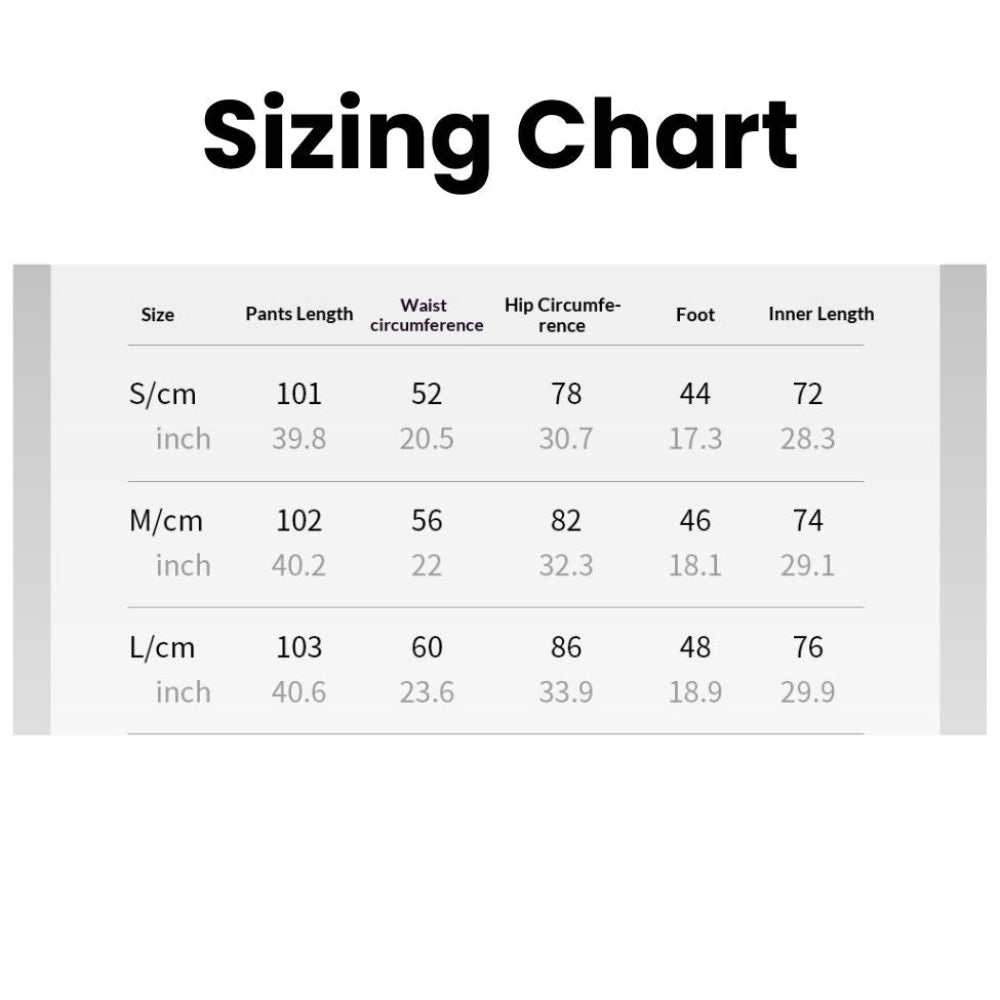 Sizing chart for pants with measurements in centimeters and inches.