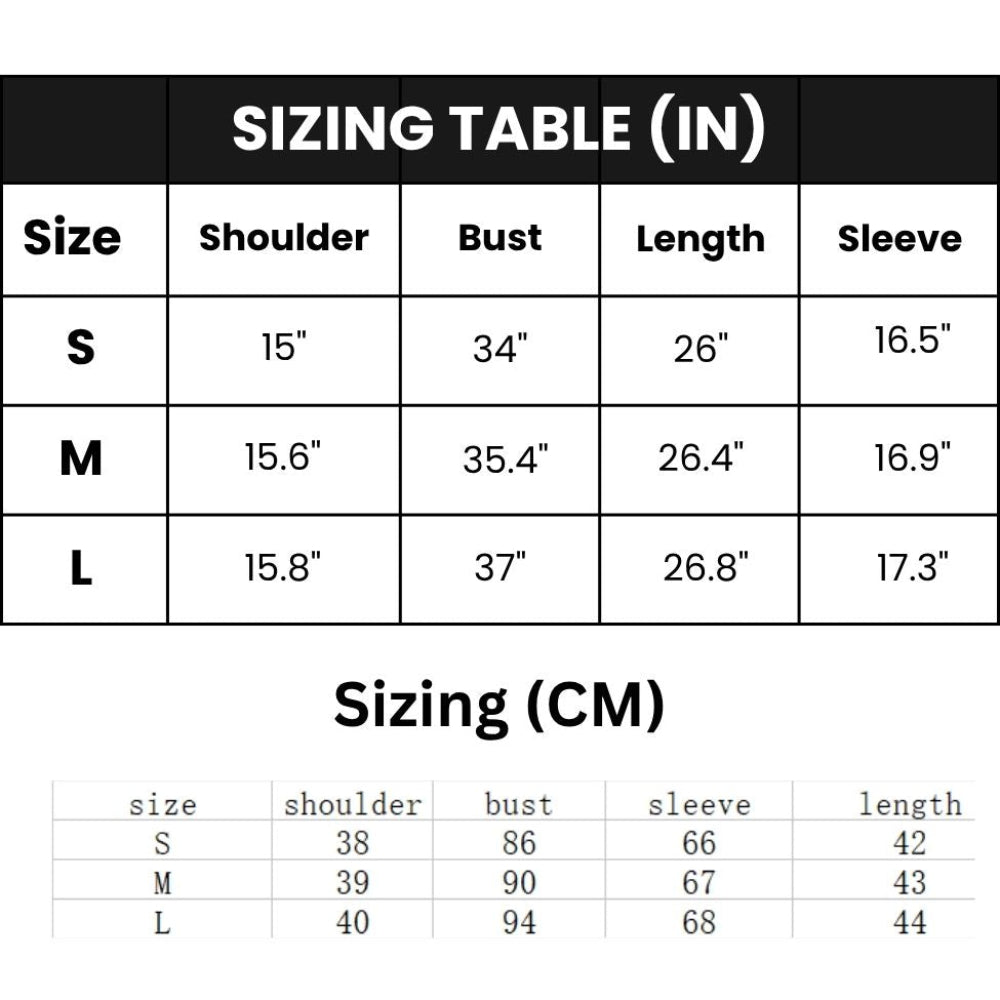 Sizing chart for clothing with measurements in inches and centimeters.