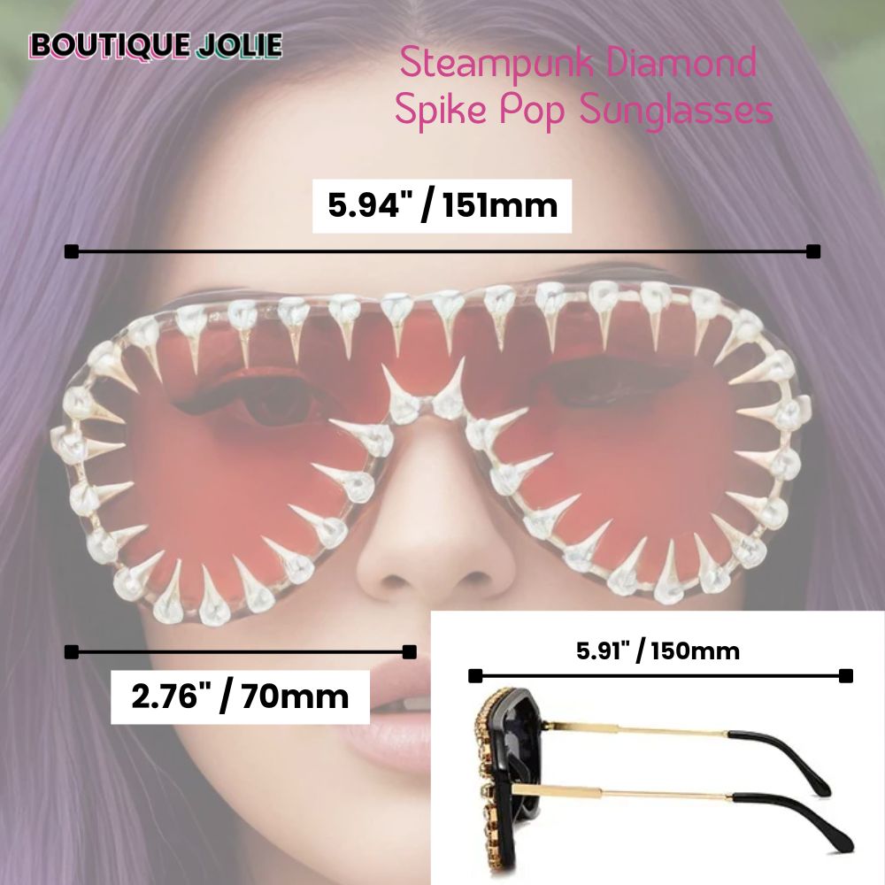 A product listing graphic for Boutique Jolie Steampunk Diamond Spike Pop Songlasses. The main image shows a close-up of a model wearing the oversized, decorative sunglasses, with dimension lines indicating 5.