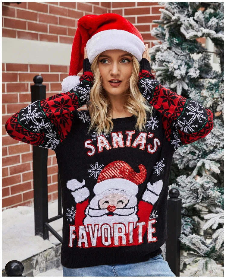 Women's Santa Christmas Ugly Sweater - Festive Holiday Pullover with Sequins