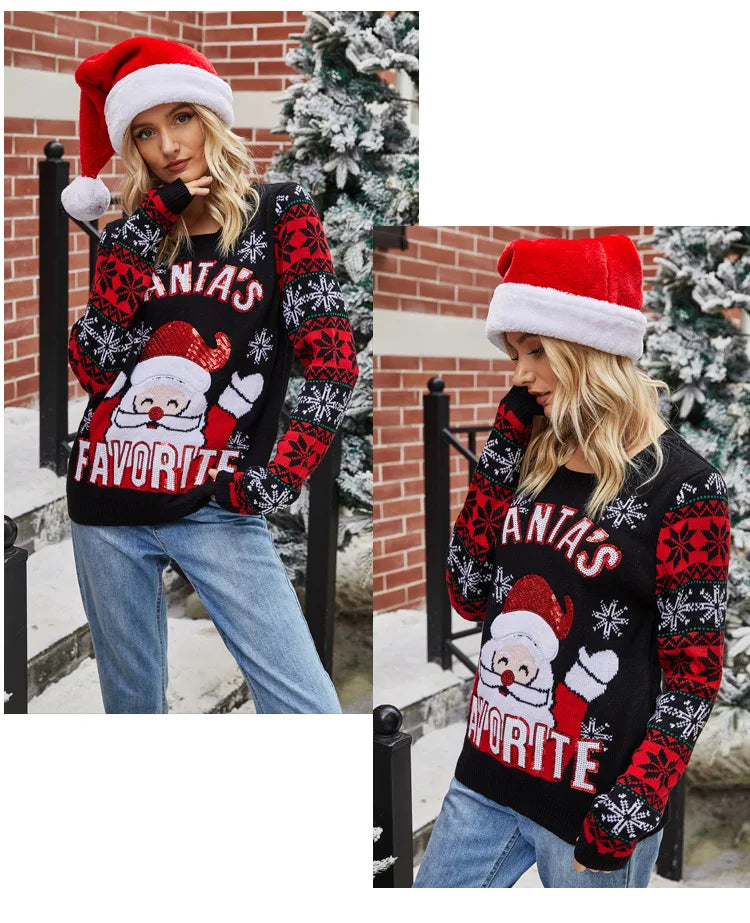 Women's Santa Christmas Ugly Sweater - Festive Holiday Pullover with Sequins