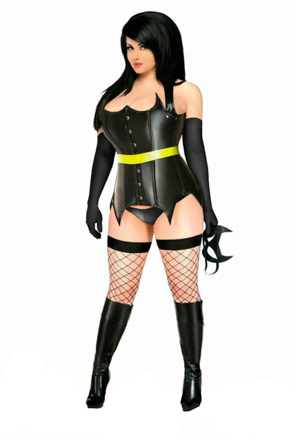 Woman wearing a black leather bat-style costume with a yellow belt, long gloves, fishnet thigh-highs, boots, and a bat accessory.