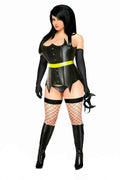 Woman wearing a black leather bat-style costume with a yellow belt, long gloves, fishnet thigh-highs, boots, and a bat accessory.