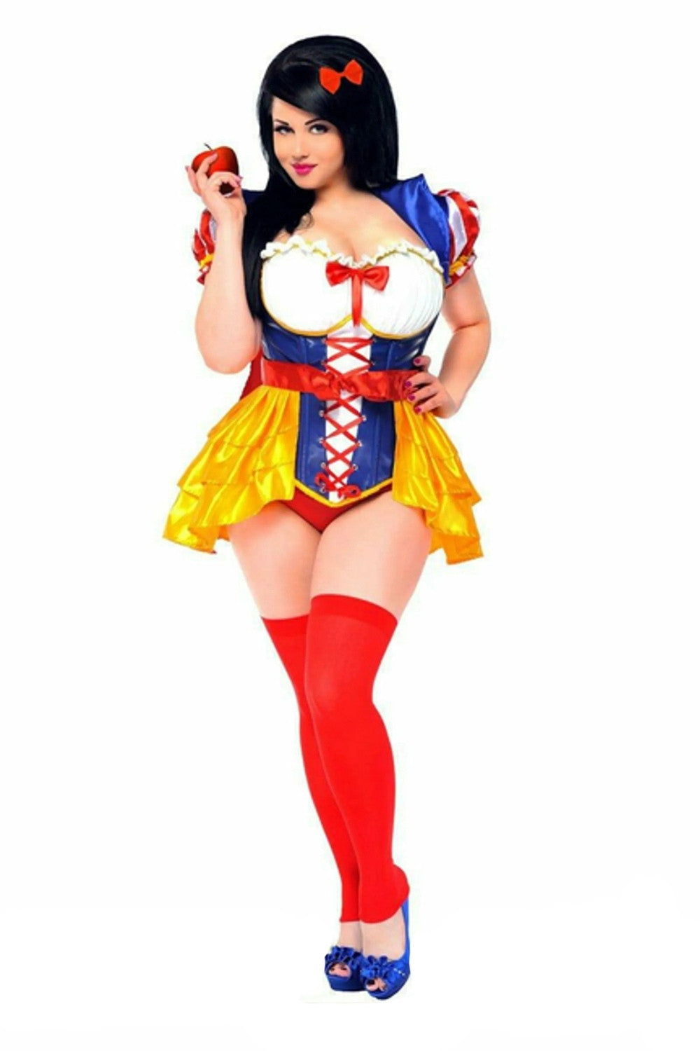 A woman modeling a Snow White costume against a plain white background. The costume features a white bodice with red bows and blue trim, a yellow ruffled skirt, red lace-up details, red thigh-high stockings, and blue shoes.