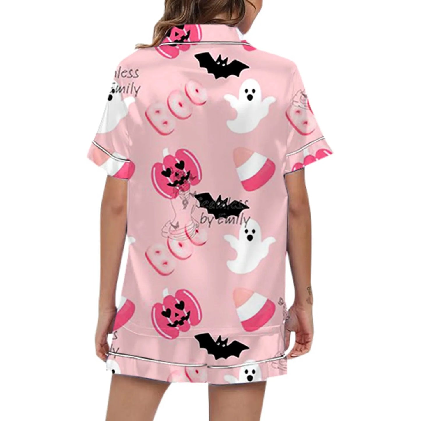 Halloween Boo Satin Button Down Tops and Shorts Loungewear