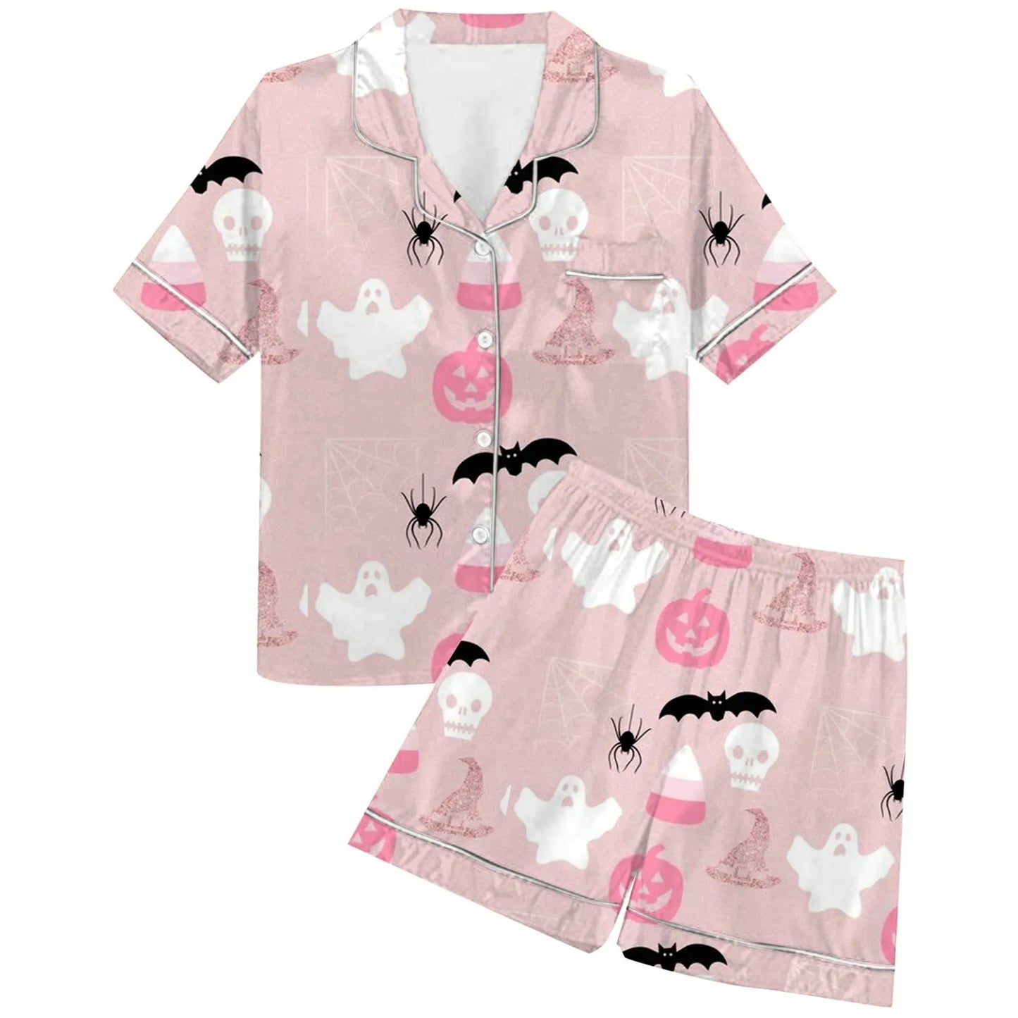 Halloween Boo Satin Button Down Tops and Shorts Loungewear