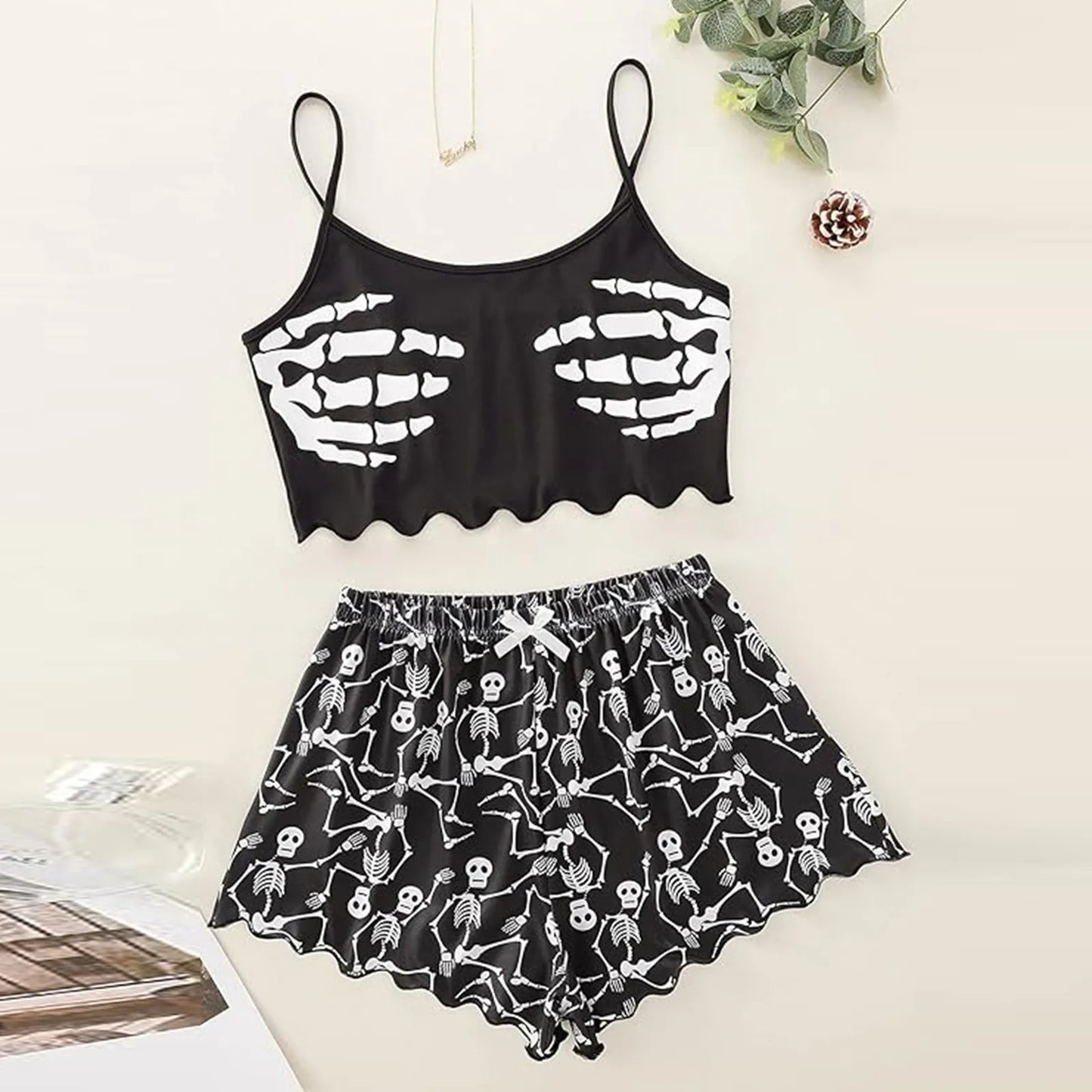 2 Piece Set Skull Hand Print Cami And Short Set