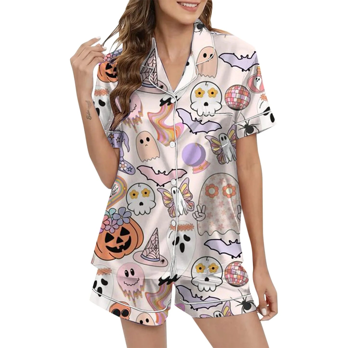 Halloween Boo Satin Button Down Tops and Shorts Loungewear