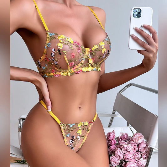 Embroidered Floral Lace Bra and Thong Set