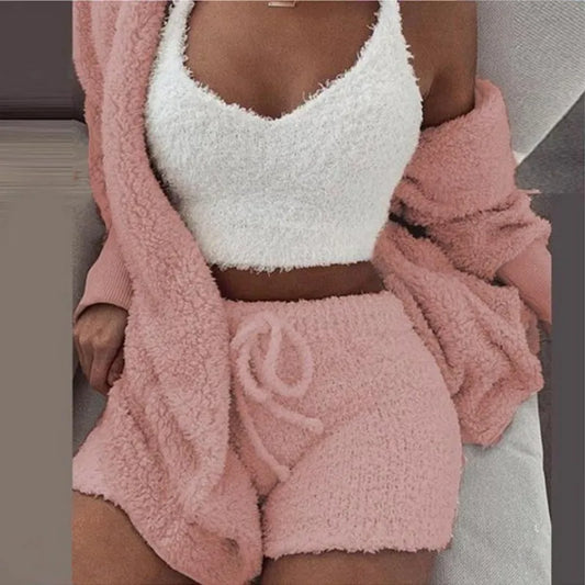 Fluffy Pajamas Set Casual Sleepwear 3 piece set S-3XL