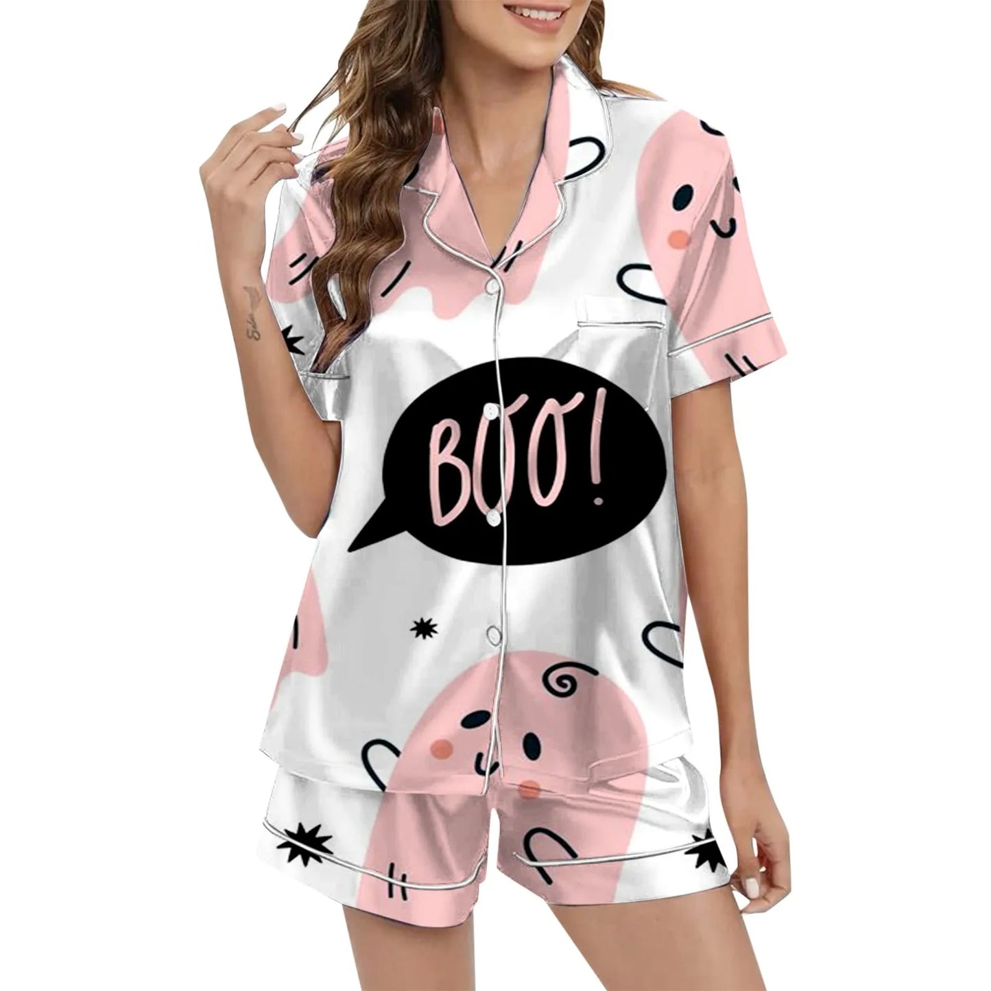 Halloween Boo Satin Button Down Tops and Shorts Loungewear