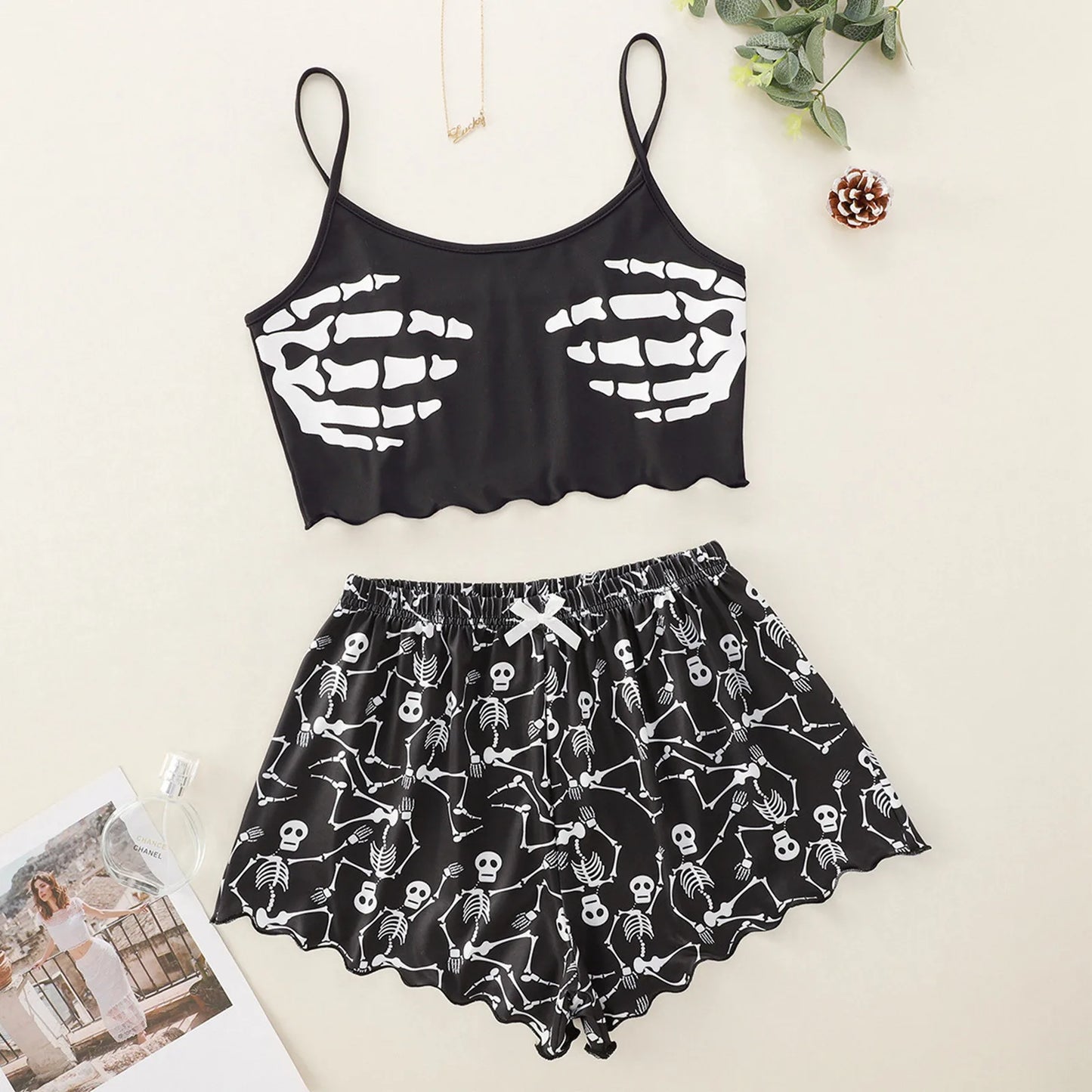 2 Piece Set Skull Hand Print Cami And Short Set